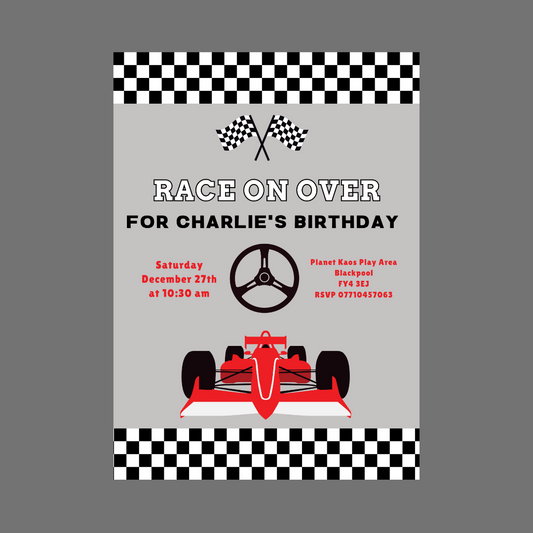 Race Car Invitations | A6 Invites | Grey Racing Car Theme | Party Invitations