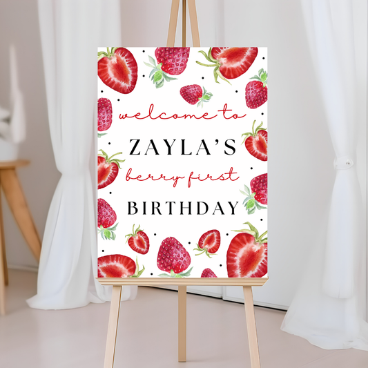 Strawberry Welcome Board Sign | Personalised Strawberry Birthday Party Board | Party Sign | A4, A3, A2