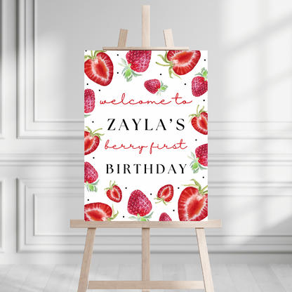 Strawberry Welcome Board Sign | Personalised Strawberry Birthday Party Board | Party Sign | A4, A3, A2