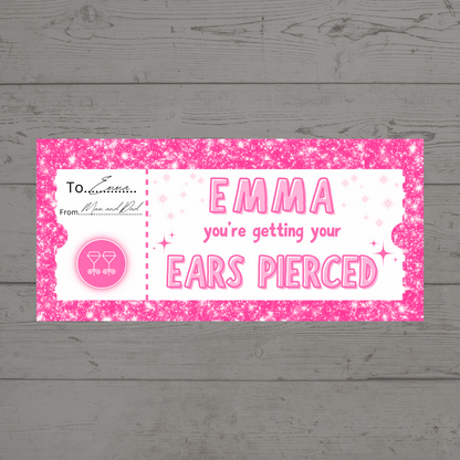 Surprise Ticket Print | Personalised Pink Ear Piercing Ticket Gift Voucher | Gift Idea