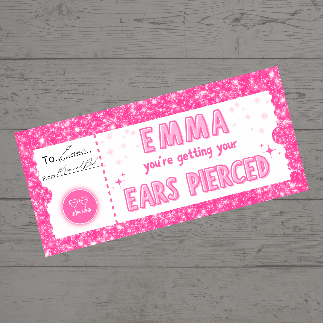 Surprise Ticket Print | Personalised Pink Ear Piercing Ticket Gift Voucher | Gift Idea