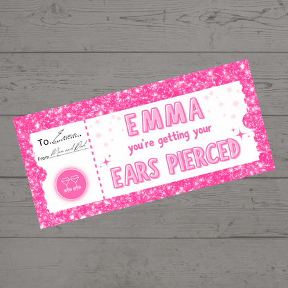 Surprise Ticket Print | Personalised Pink Ear Piercing Ticket Gift Voucher | Gift Idea