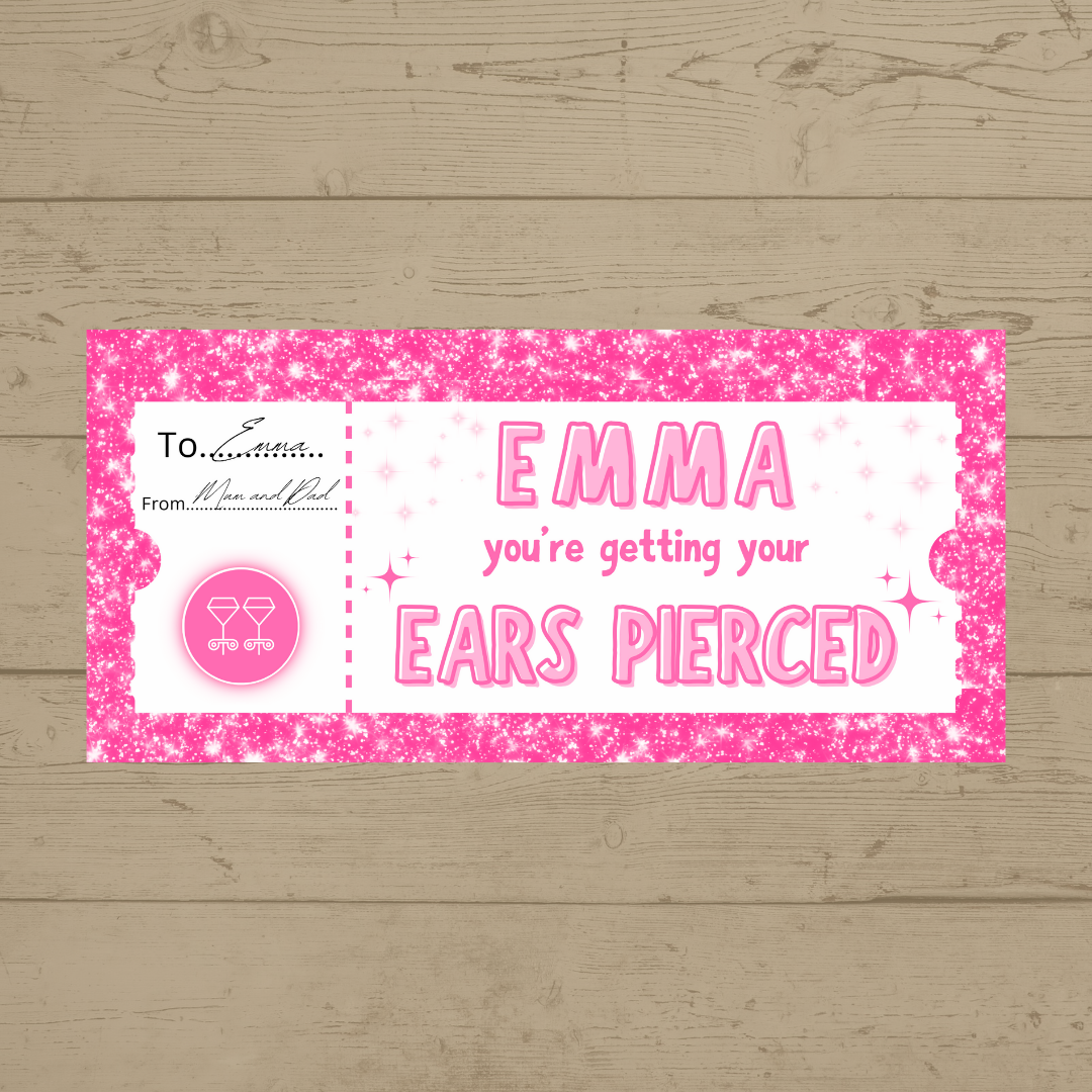 Surprise Ticket Print | Personalised Pink Ear Piercing Ticket Gift Voucher | Gift Idea