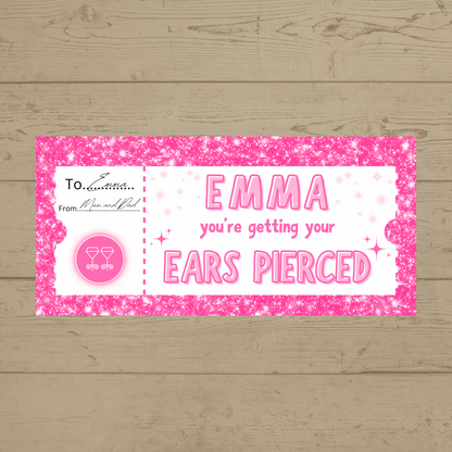 Surprise Ticket Print | Personalised Pink Ear Piercing Ticket Gift Voucher | Gift Idea