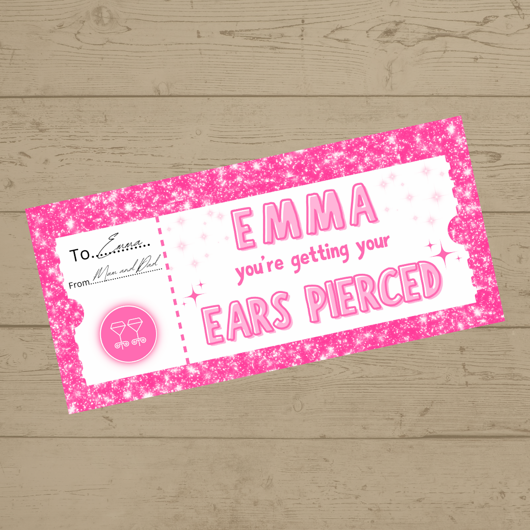 Surprise Ticket Print | Personalised Pink Ear Piercing Ticket Gift Voucher | Gift Idea