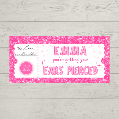 Surprise Ticket Print | Personalised Pink Ear Piercing Ticket Gift Voucher | Gift Idea