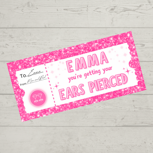 Surprise Ticket Print | Personalised Pink Ear Piercing Ticket Gift Voucher | Gift Idea