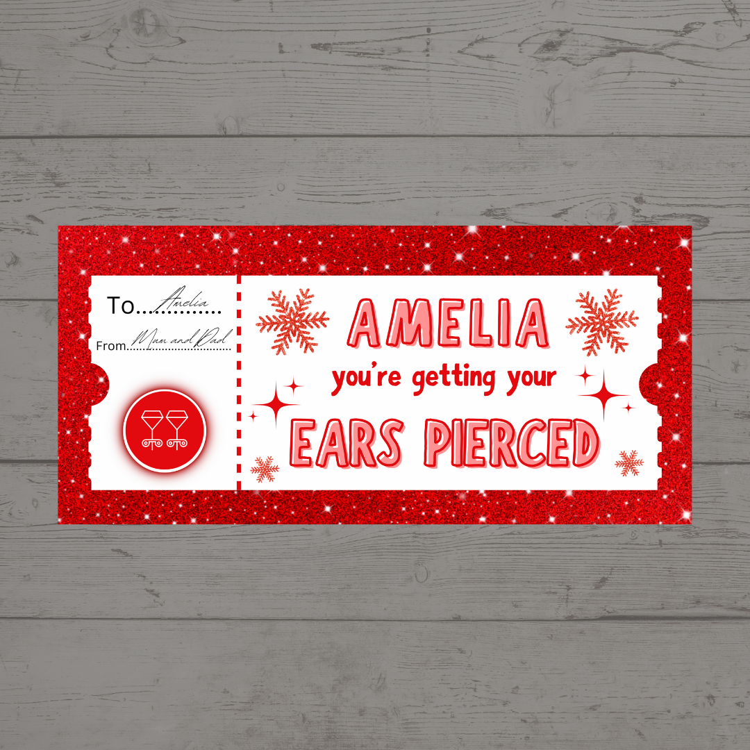 Surprise Ticket Print | Personalised Red Snowflake Ear Piercing Ticket Gift Voucher | Gift Idea