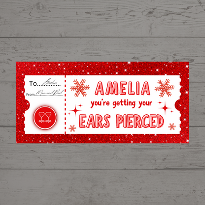 Surprise Ticket Print | Personalised Red Snowflake Ear Piercing Ticket Gift Voucher | Gift Idea