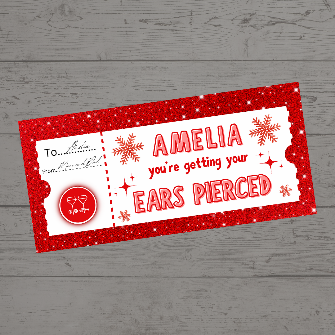 Surprise Ticket Print | Personalised Red Snowflake Ear Piercing Ticket Gift Voucher | Gift Idea