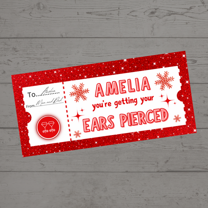 Surprise Ticket Print | Personalised Red Snowflake Ear Piercing Ticket Gift Voucher | Gift Idea
