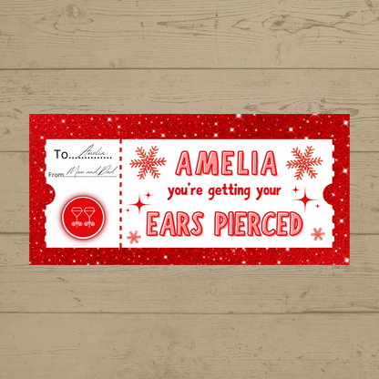Surprise Ticket Print | Personalised Red Snowflake Ear Piercing Ticket Gift Voucher | Gift Idea
