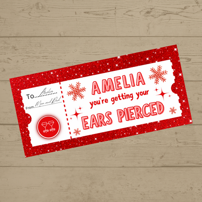 Surprise Ticket Print | Personalised Red Snowflake Ear Piercing Ticket Gift Voucher | Gift Idea