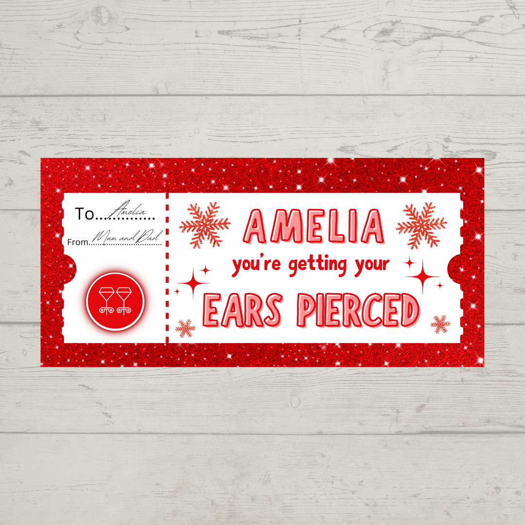 Surprise Ticket Print | Personalised Red Snowflake Ear Piercing Ticket Gift Voucher | Gift Idea