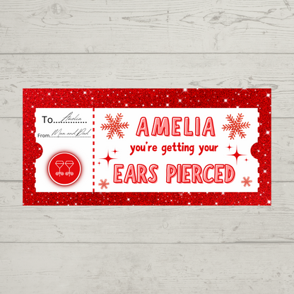 Surprise Ticket Print | Personalised Red Snowflake Ear Piercing Ticket Gift Voucher | Gift Idea