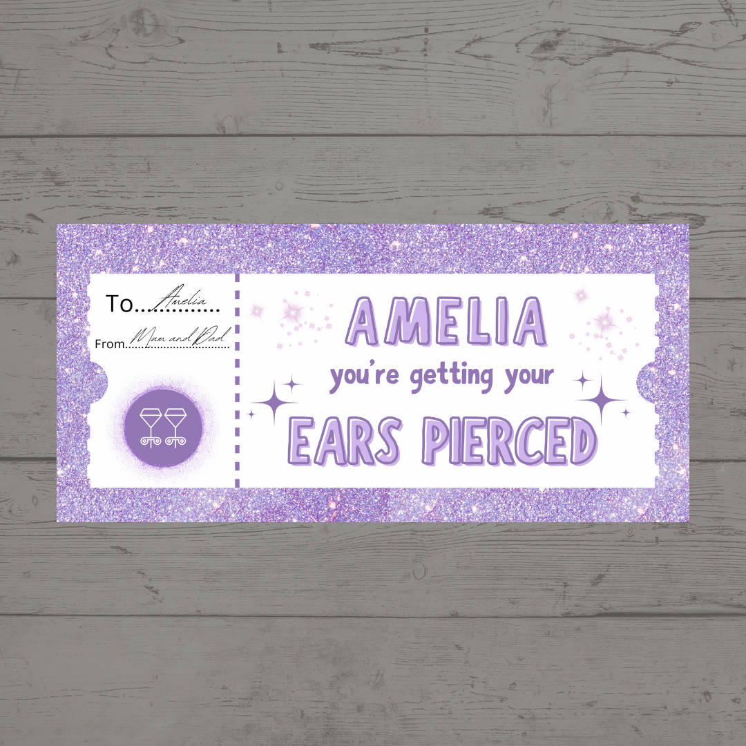 Surprise Ticket Print | Personalised Lilac Ear Piercing Ticket Gift Voucher | Gift Idea