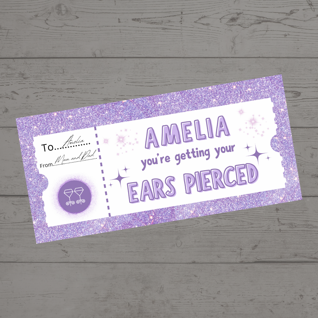 Surprise Ticket Print | Personalised Lilac Ear Piercing Ticket Gift Voucher | Gift Idea