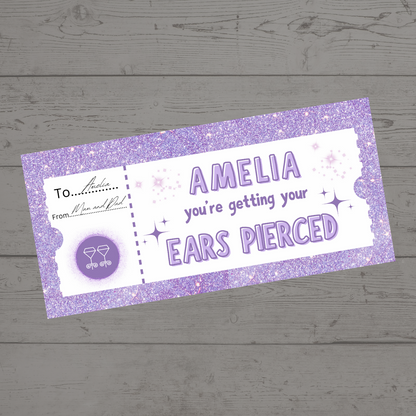 Surprise Ticket Print | Personalised Lilac Ear Piercing Ticket Gift Voucher | Gift Idea
