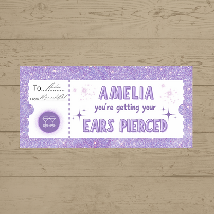 Surprise Ticket Print | Personalised Lilac Ear Piercing Ticket Gift Voucher | Gift Idea