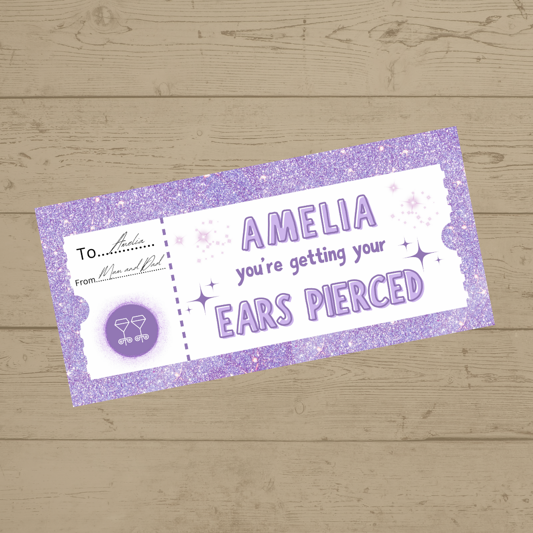 Surprise Ticket Print | Personalised Lilac Ear Piercing Ticket Gift Voucher | Gift Idea