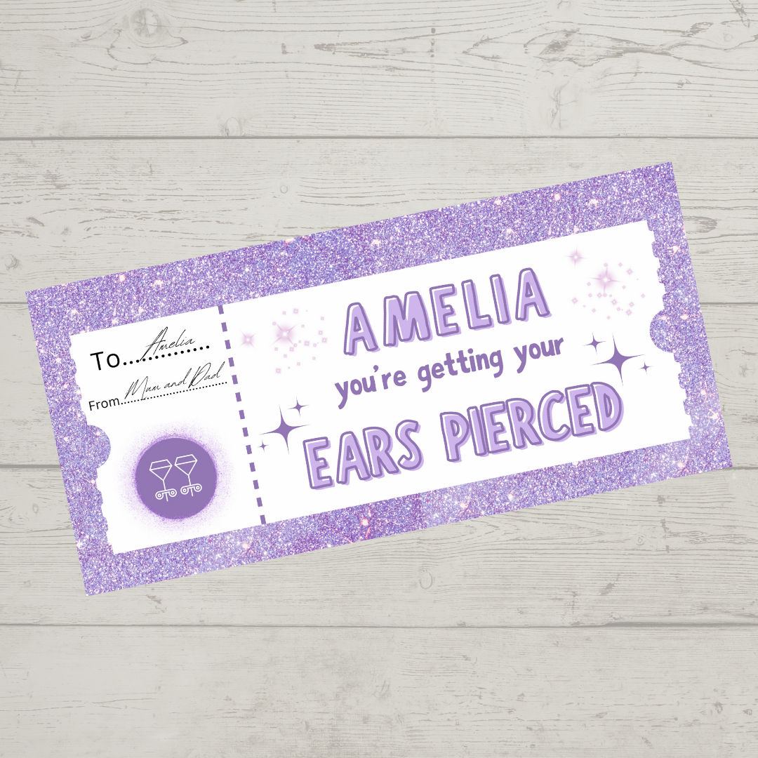 Surprise Ticket Print | Personalised Lilac Ear Piercing Ticket Gift Voucher | Gift Idea