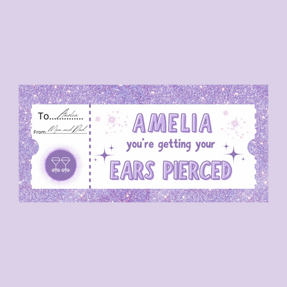 Surprise Ticket Print | Personalised Lilac Ear Piercing Ticket Gift Voucher | Gift Idea
