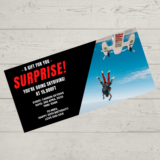 Surprise Ticket Print | Personalised Skydiving Ticket Voucher | Gift Idea