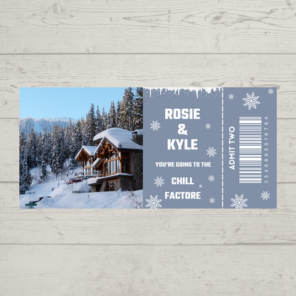Surprise Ticket Print | Personalised Skiing Lodge Holiday Ticket Pass Voucher Membership | Gift Idea