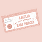 Surprise Ticket Print | Personalised Baby Pink Ear Piercing Ticket Gift Voucher | Gift Idea