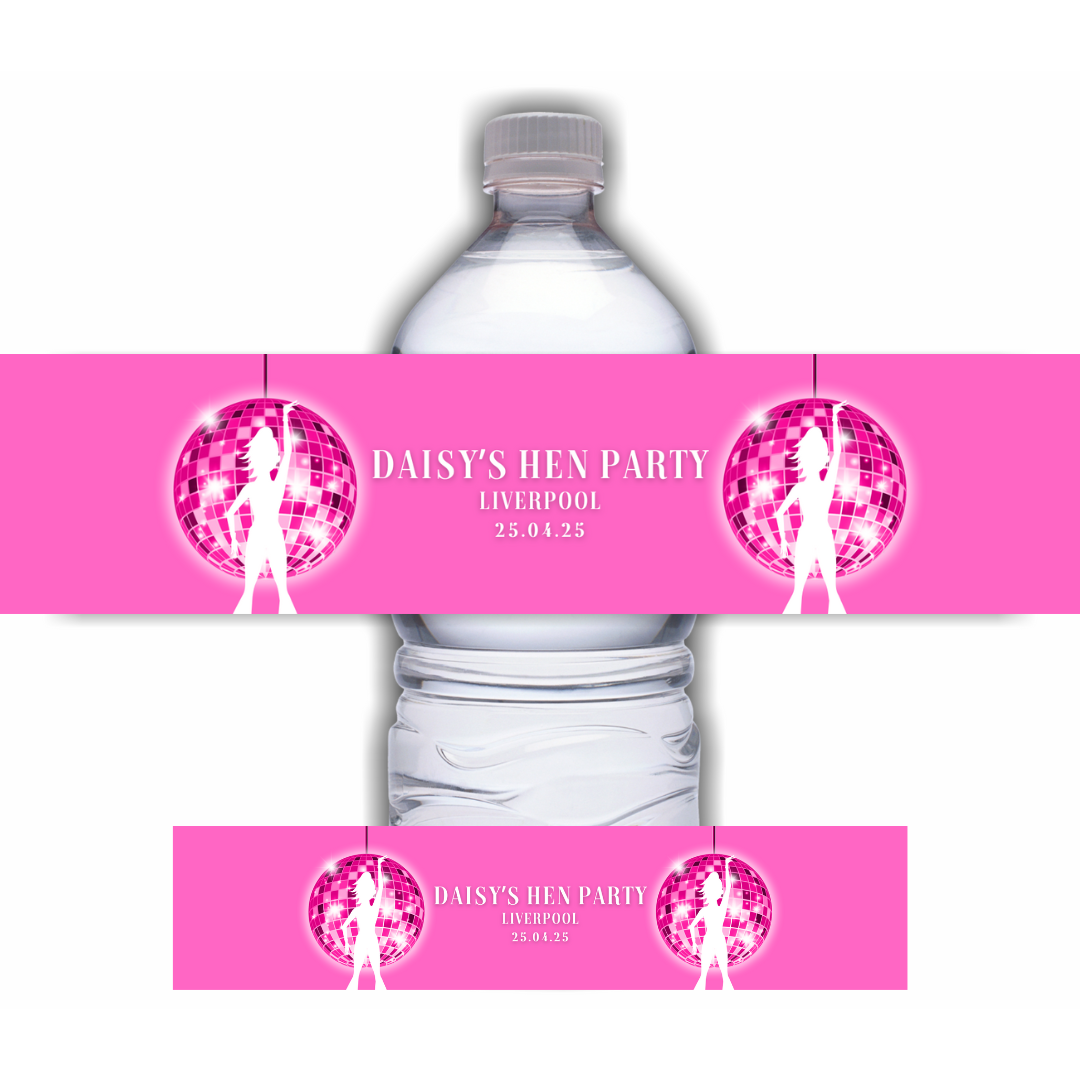 Pink Disco Design | Water Bottle Labels | Water Bottle Labels | Hen Party, Birthday Party