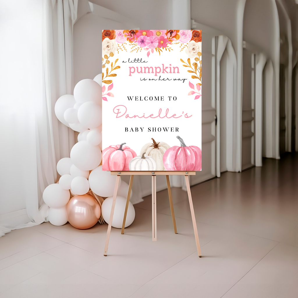 Pink Pumpkin Welcome Board Sign | Personalised Baby Shower, Birthday Party Board | Party Sign | A4, A3, A2 (Design 2)
