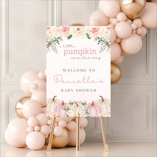 Pink Pumpkin Welcome Board Sign | Personalised Baby Shower, Birthday Party Board | Party Sign | A4, A3, A2 (Design 1)