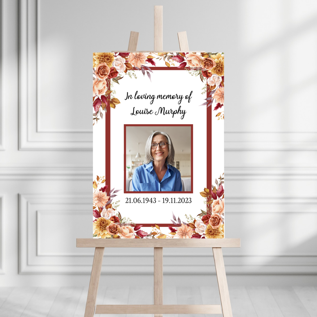 Funeral Service Entrance Board Sign | Personalised Photo Funeral Board | Brown Autumn Floral Leaf Funeral Wake Sign | A4, A3, A2