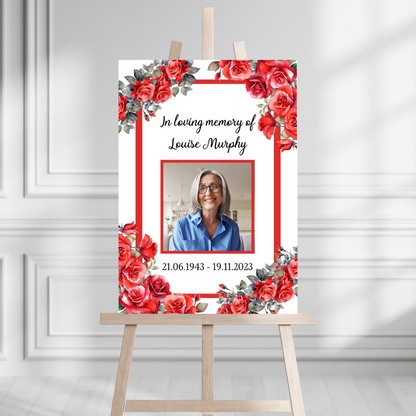 Funeral Service Entrance Board Sign | Personalised Photo Funeral Board | Red Roses Funeral Wake Sign | A4, A3, A2