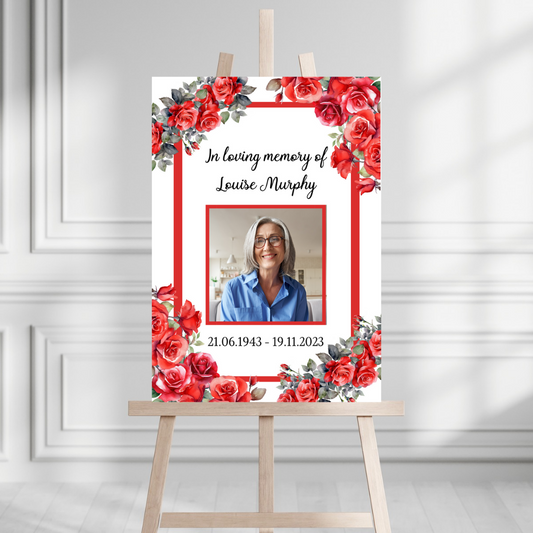 Funeral Service Entrance Board Sign | Personalised Photo Funeral Board | Red Roses Funeral Wake Sign | A4, A3, A2