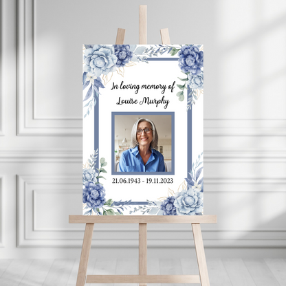 Funeral Service Entrance Board Sign | Personalised Blue Floral Photo Funeral Board | Funeral Wake Sign | A4, A3, A2