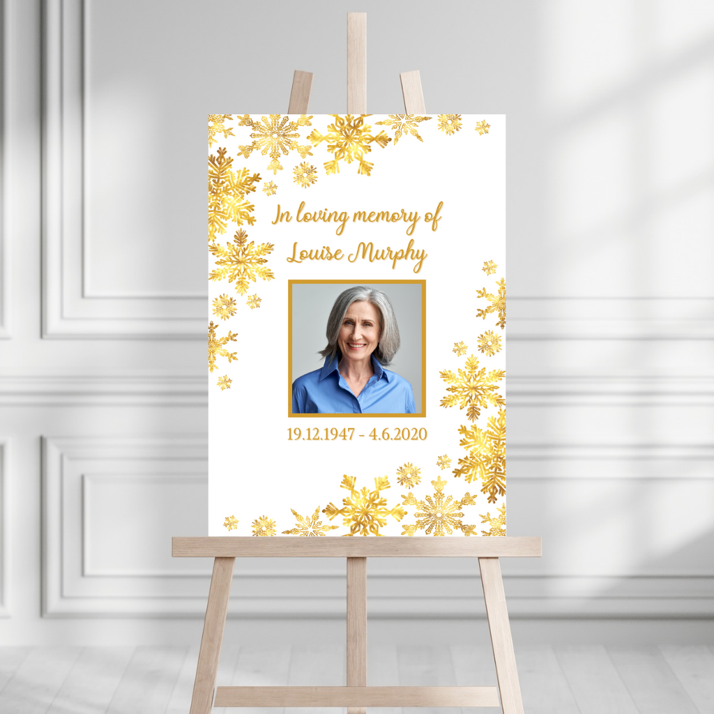 Funeral Service Entrance Board Sign | Personalised Photo Funeral Board | Gold Winter Snowflake Funeral Wake Sign | A4, A3, A2