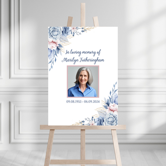 Funeral Service Entrance Board Sign | Personalised Photo Funeral Board | Pink Blue Floral Funeral Wake Sign | A4, A3, A2