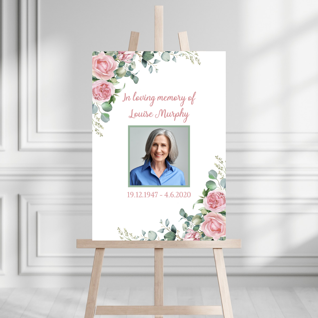 Funeral Service Entrance Board Sign | Personalised Photo Funeral Board | Pink Roses Floral Funeral Wake Sign | A4, A3, A2