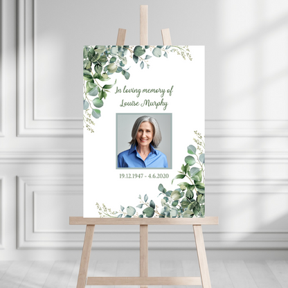 Funeral Service Entrance Board Sign | Personalised Photo Funeral Board | Green Leaf Funeral Wake Sign | A4, A3, A2