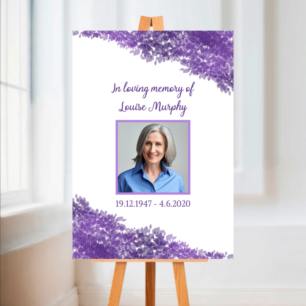 Funeral Service Entrance Board Sign | Personalised Photo Funeral Board | Purple Floral Funeral Wake Sign | A4, A3, A2