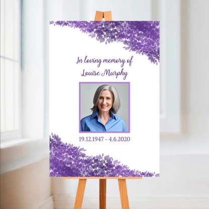 Funeral Service Entrance Board Sign | Personalised Photo Funeral Board | Purple Floral Funeral Wake Sign | A4, A3, A2
