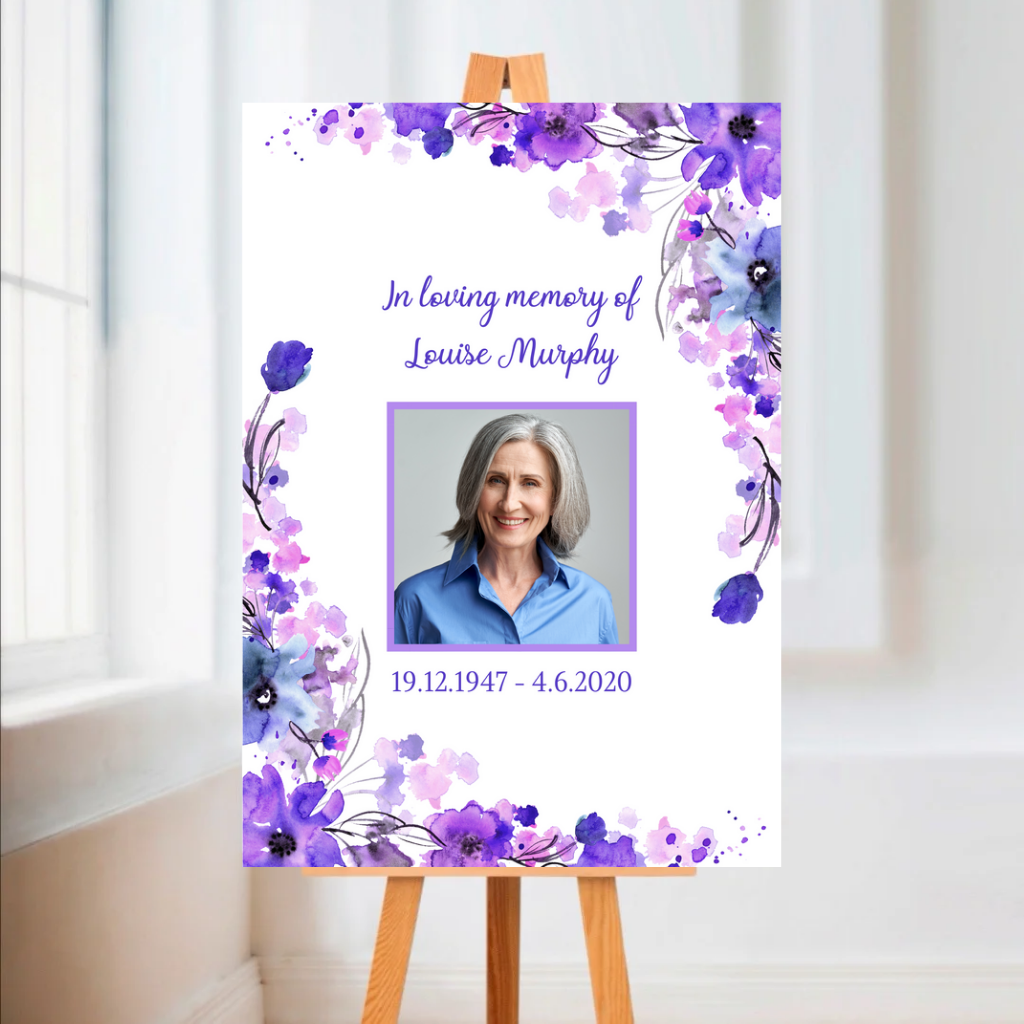 Funeral Service Entrance Board Sign | Personalised Photo Funeral Board | Purple Floral Funeral Wake Sign | A4, A3, A2