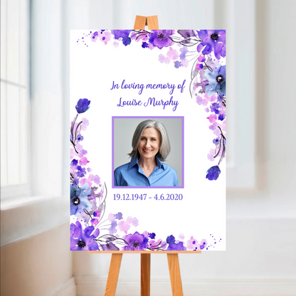 Funeral Service Entrance Board Sign | Personalised Photo Funeral Board | Purple Floral Funeral Wake Sign | A4, A3, A2
