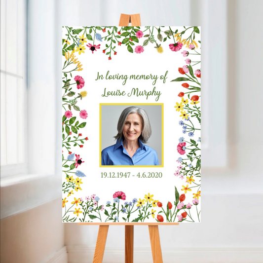Funeral Service Entrance Board Sign | Personalised Photo Funeral Board | Wildflower Spring Floral Funeral Wake Sign | A4, A3, A2