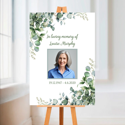 Funeral Service Entrance Board Sign | Personalised Photo Funeral Board | Green Leaf Funeral Wake Sign | A4, A3, A2