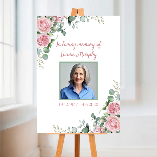 Funeral Service Entrance Board Sign | Personalised Photo Funeral Board | Pink Roses Floral Funeral Wake Sign | A4, A3, A2