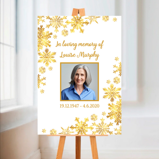 Funeral Service Entrance Board Sign | Personalised Photo Funeral Board | Gold Winter Snowflake Funeral Wake Sign | A4, A3, A2