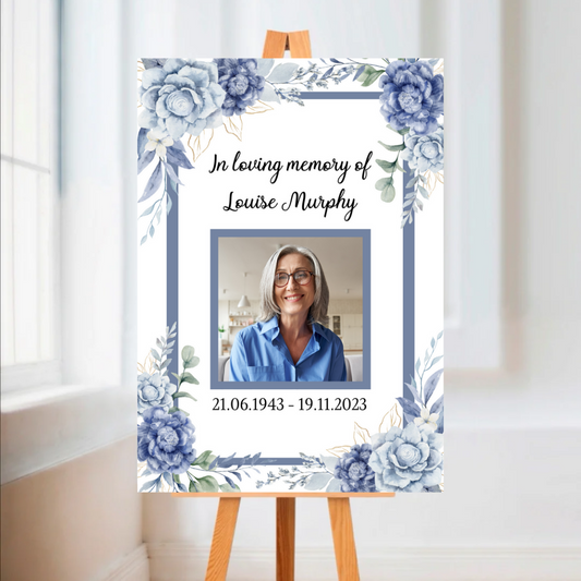 Funeral Service Entrance Board Sign | Personalised Blue Floral Photo Funeral Board | Funeral Wake Sign | A4, A3, A2