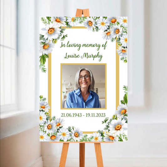 Funeral Service Entrance Board Sign | Personalised Photo Funeral Board | Sunflower Funeral Wake Sign | A4, A3, A2